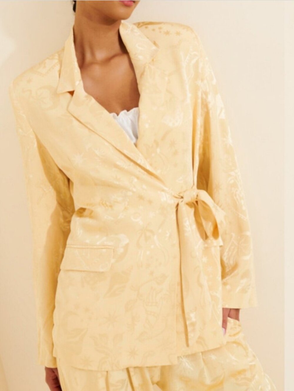 FARM RIO beige gold satin long-sleeve blazer mystical jacquard pattern size L - Picture 2 of 8